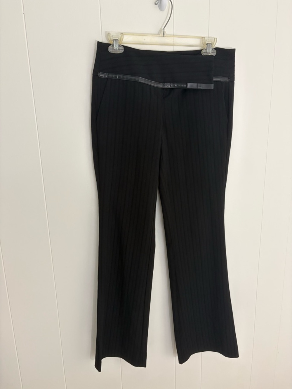 Tracy Evans Black Ribbed Bootcut Trousers with Faux-Leather Waist Trim